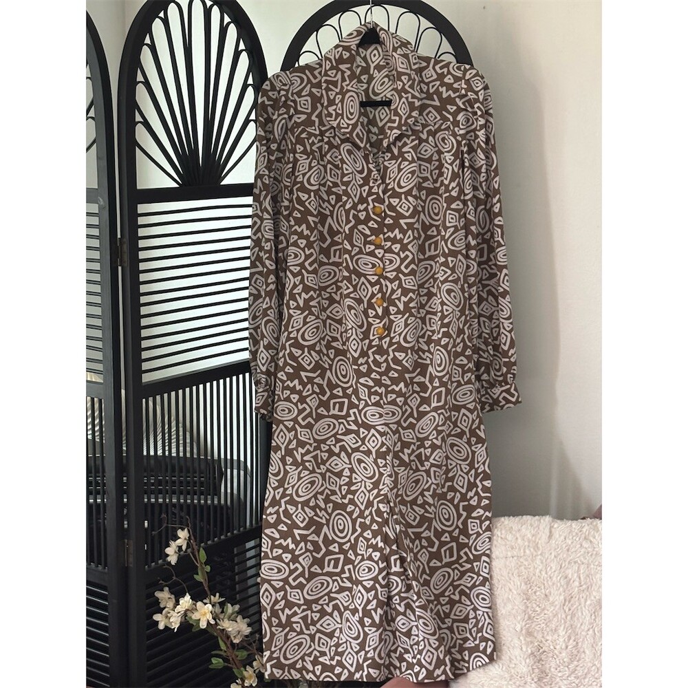 Unknown  Shirt Dress Womens Size M Brown & Cream Abstract Button Front Midi